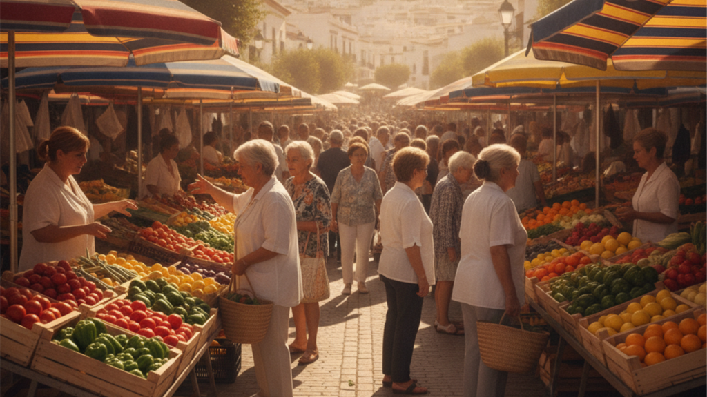 Mercado callejero en Espana con gente comprando fruta y verdura fresca en un dia caluroso