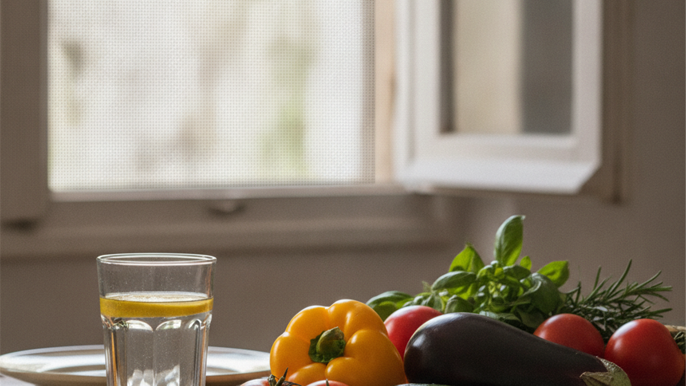 Mesa con verduras frescas y un vaso de agua con limon junto a una mosquitera