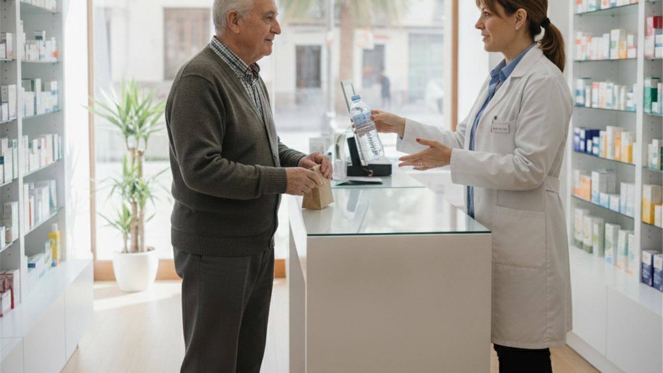 Farmaceutico atendiendo a una persona mayor con una botella de agua en una farmacia