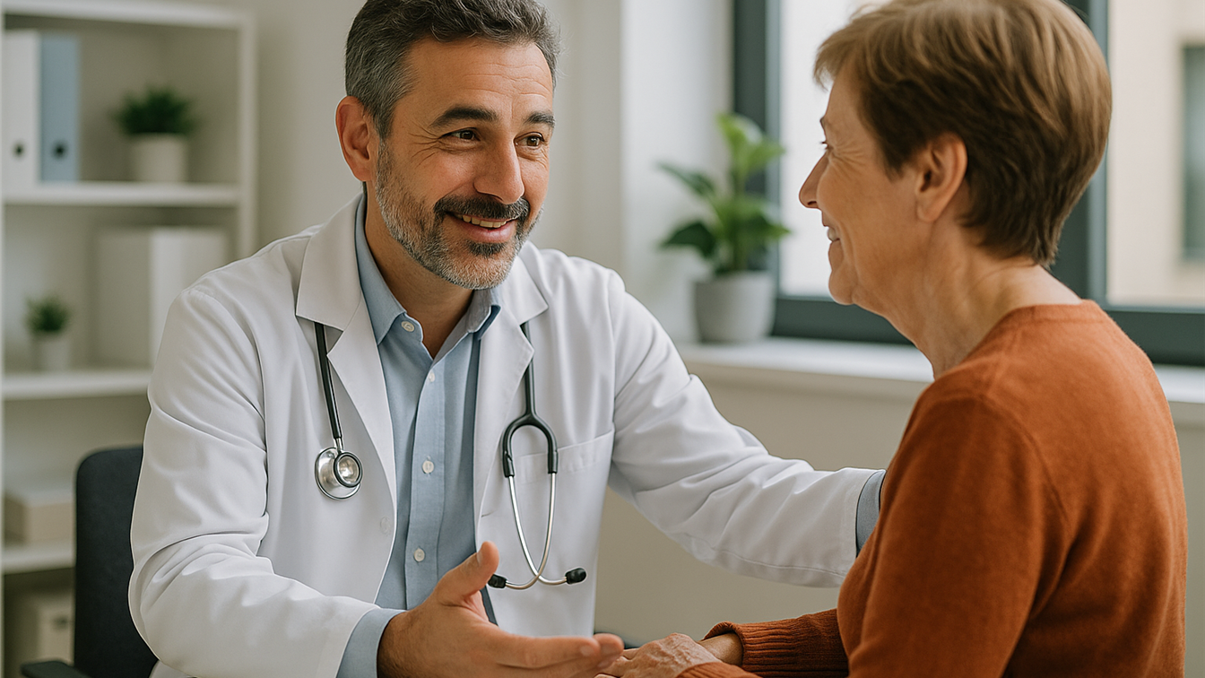 Medico espanol hablando con paciente sobre vacunacion gripe COVID otono 2026