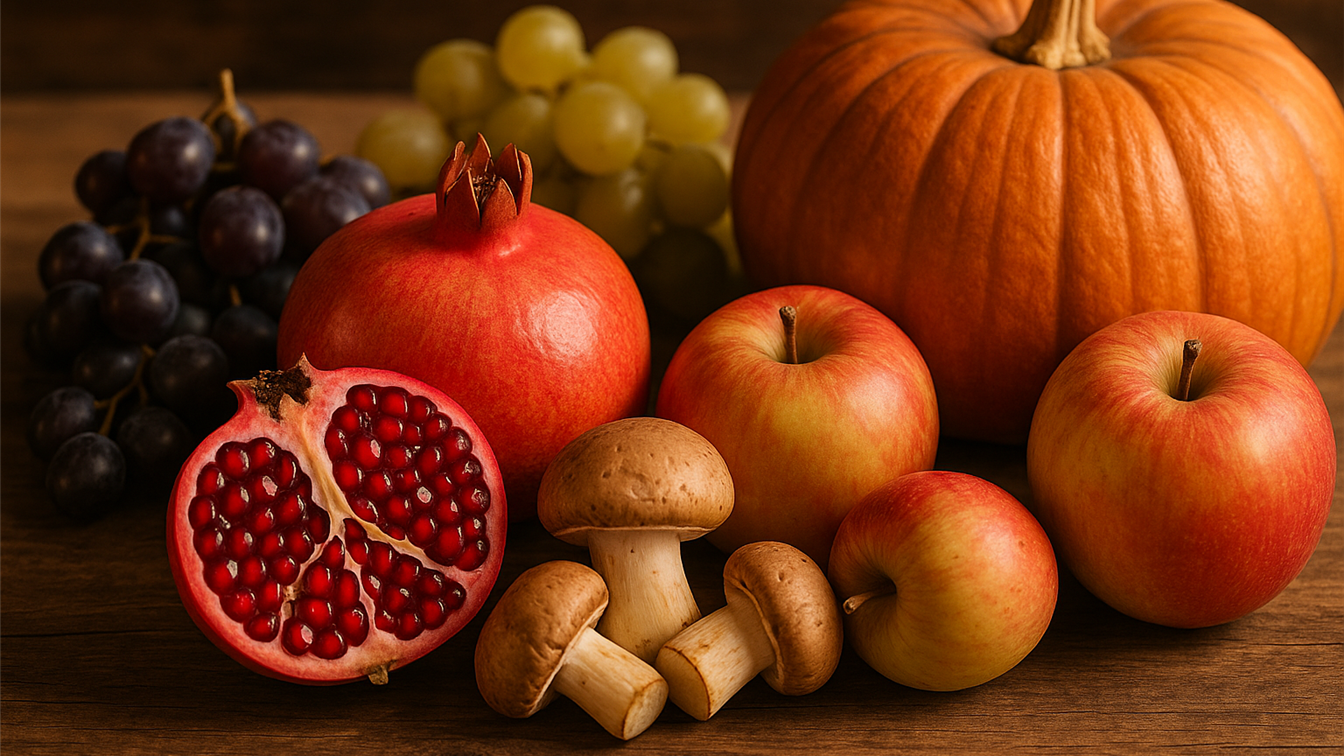 Frutas y verduras temporada otono Espana: granada calabaza setas manzanas