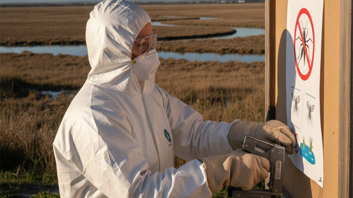 Trabajador sanitario colocando informacion sobre prevencion de mosquitos junto a una zona de humedales en el sur de Espana