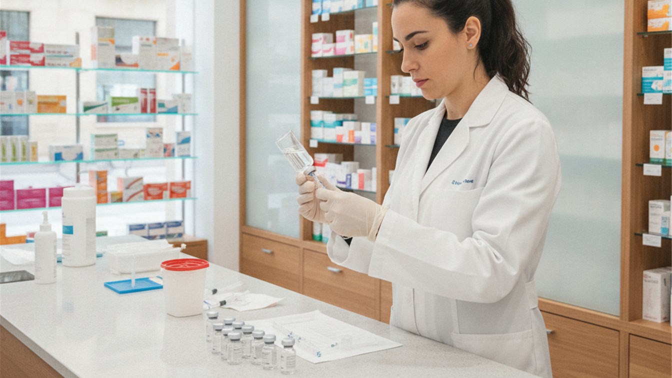 Farmaceutico preparando viales de vacuna de la gripe en el mostrador de una farmacia