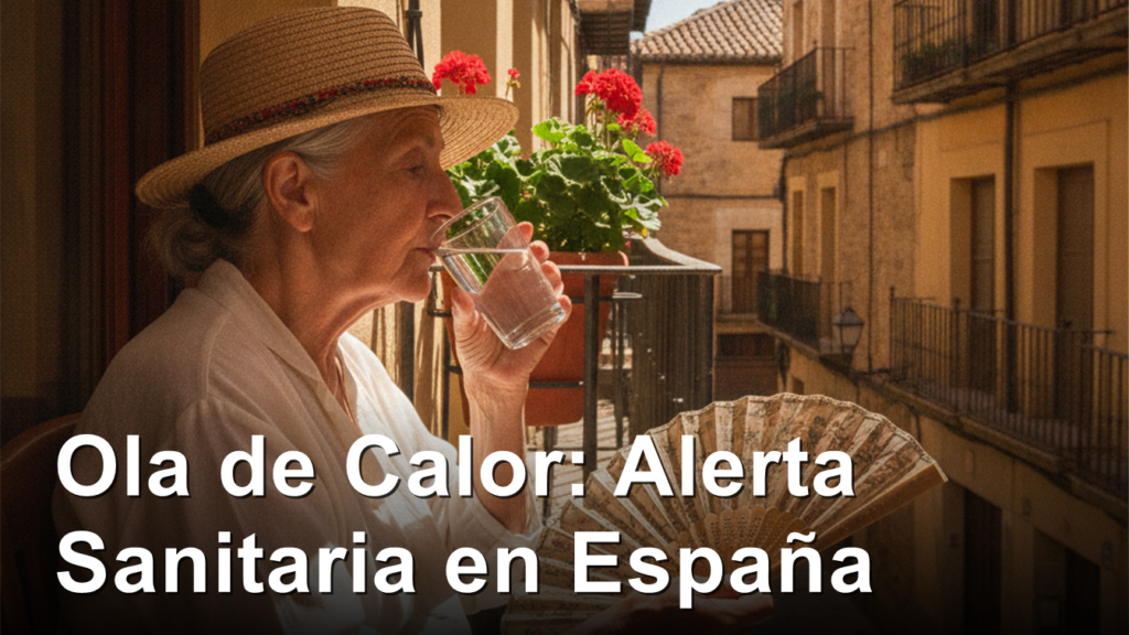 Mujer mayor en su balcon bebiendo agua durante una ola de calor en Espana