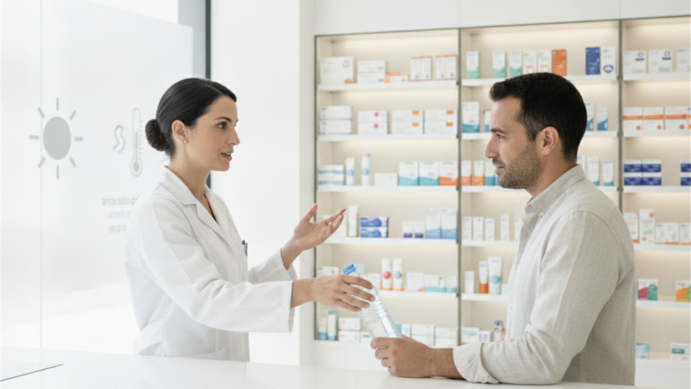 Farmaceutico dando consejos de hidratacion en una farmacia espanola