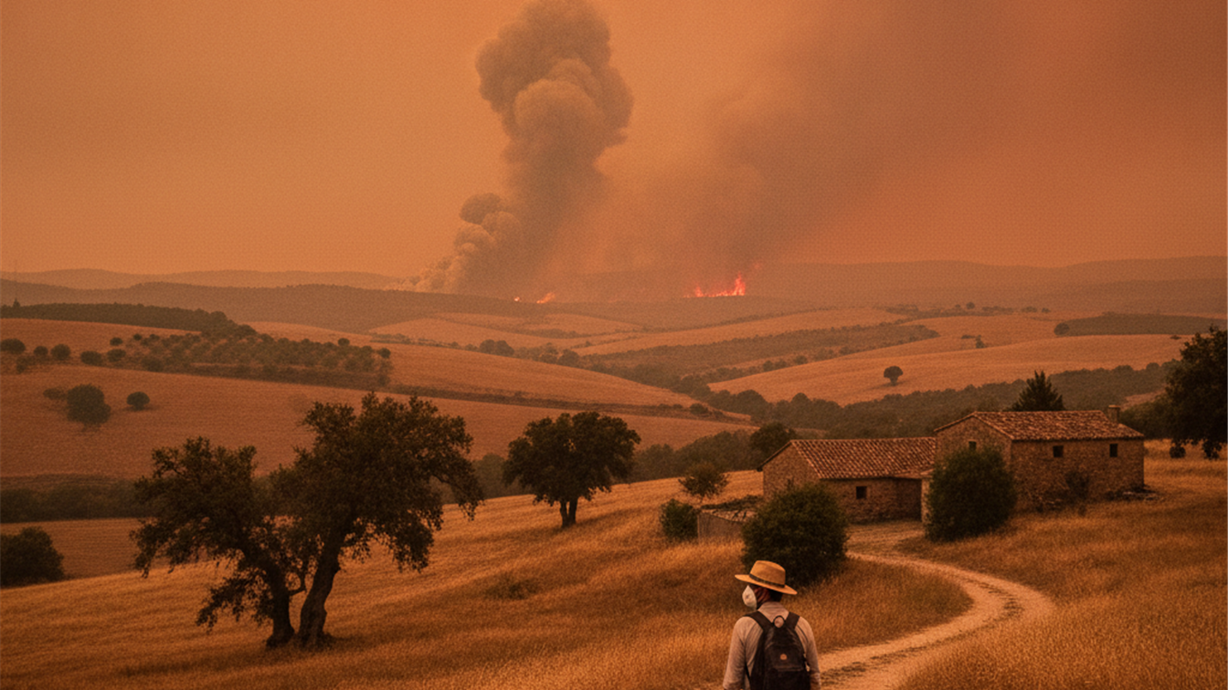 Cielo con humo de incendio forestal y persona con mascarilla en Espana