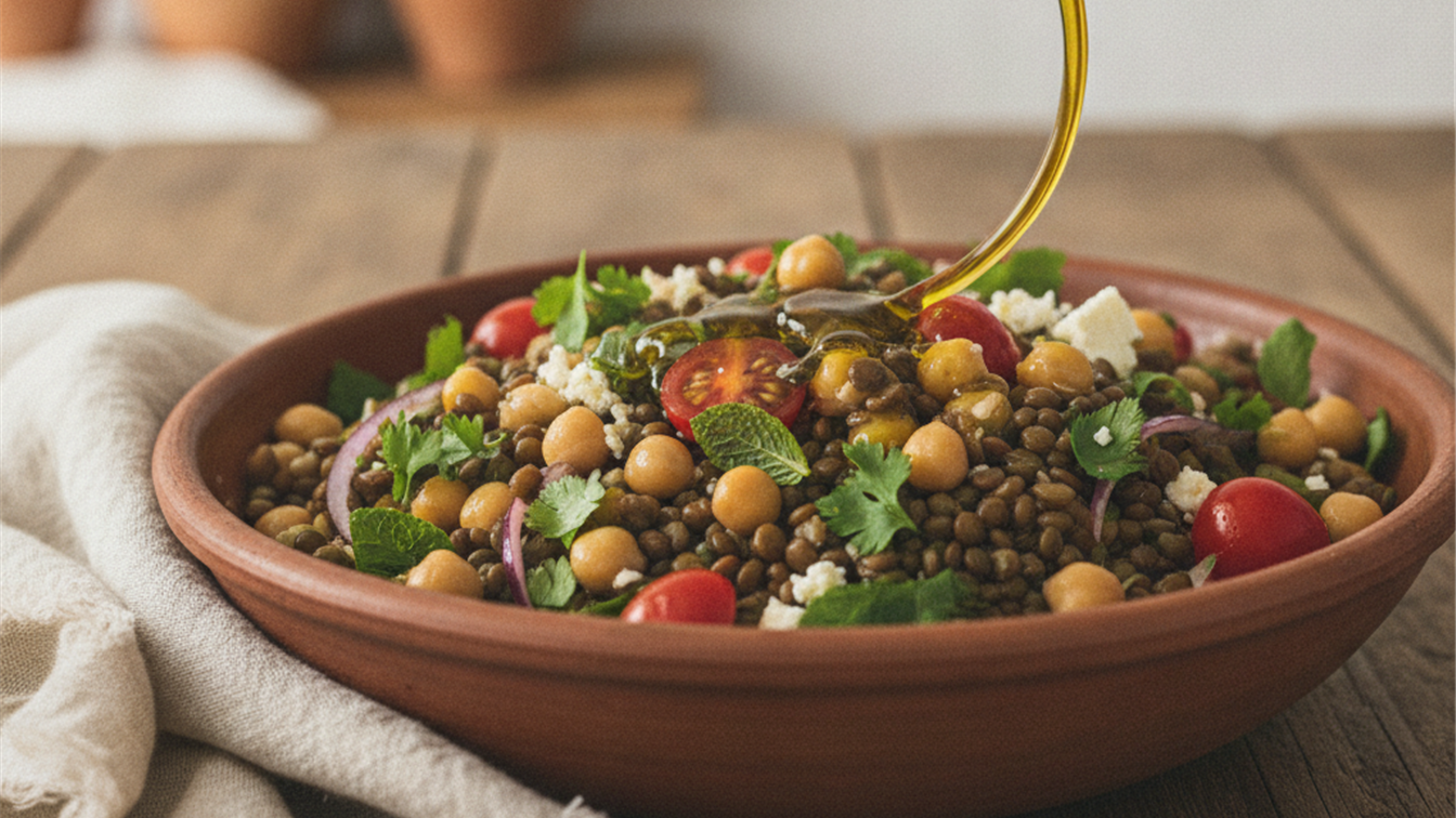 ensalada de lentejas y garbanzos con proteina vegetal