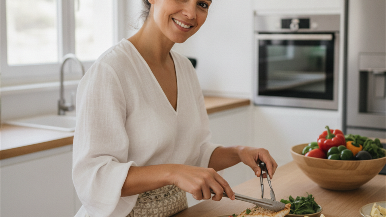 recetas ricas en proteinas mujer cocinando pescado y huevo
