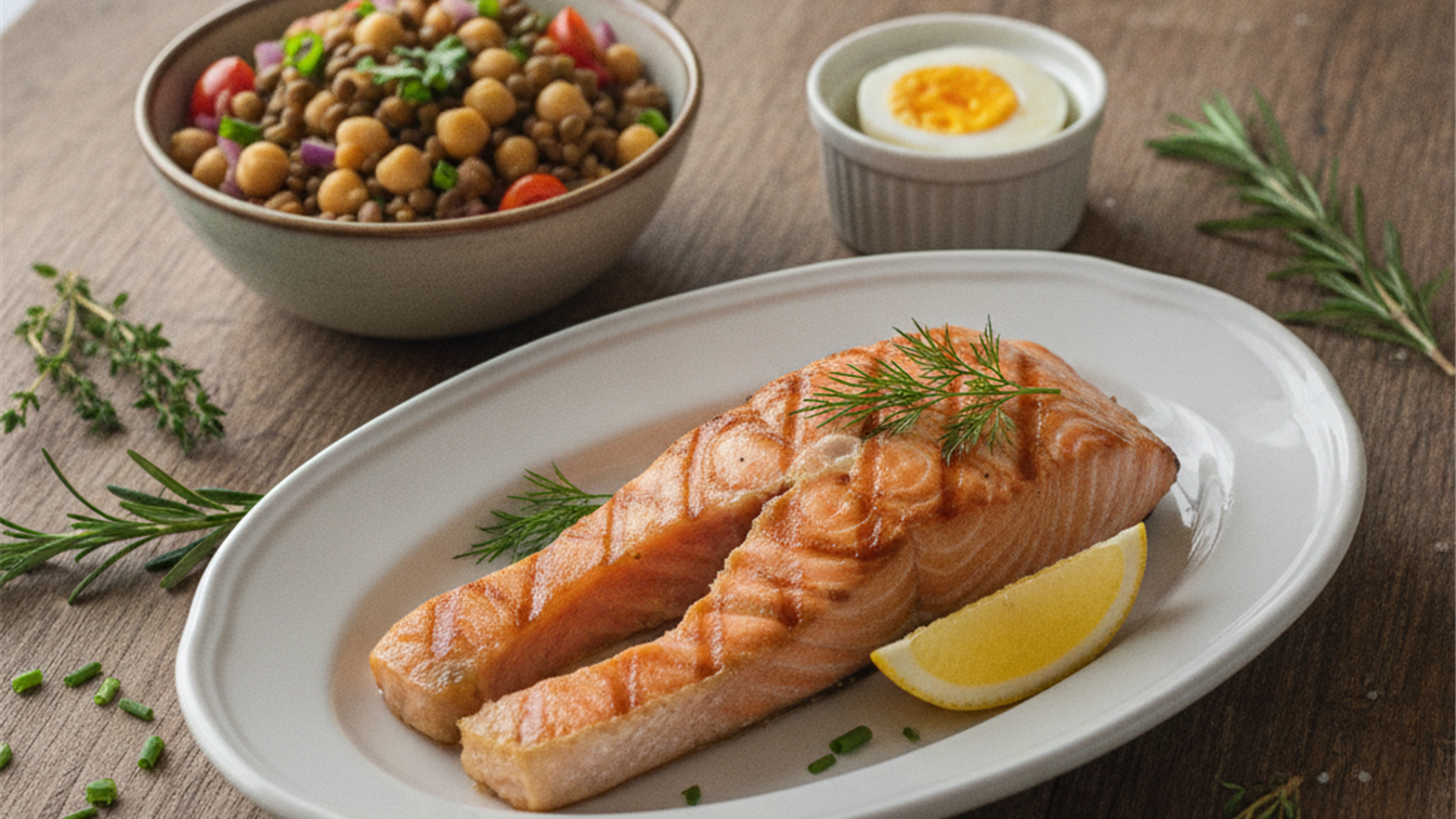 detalle plato proteico salmon garbanzos huevo