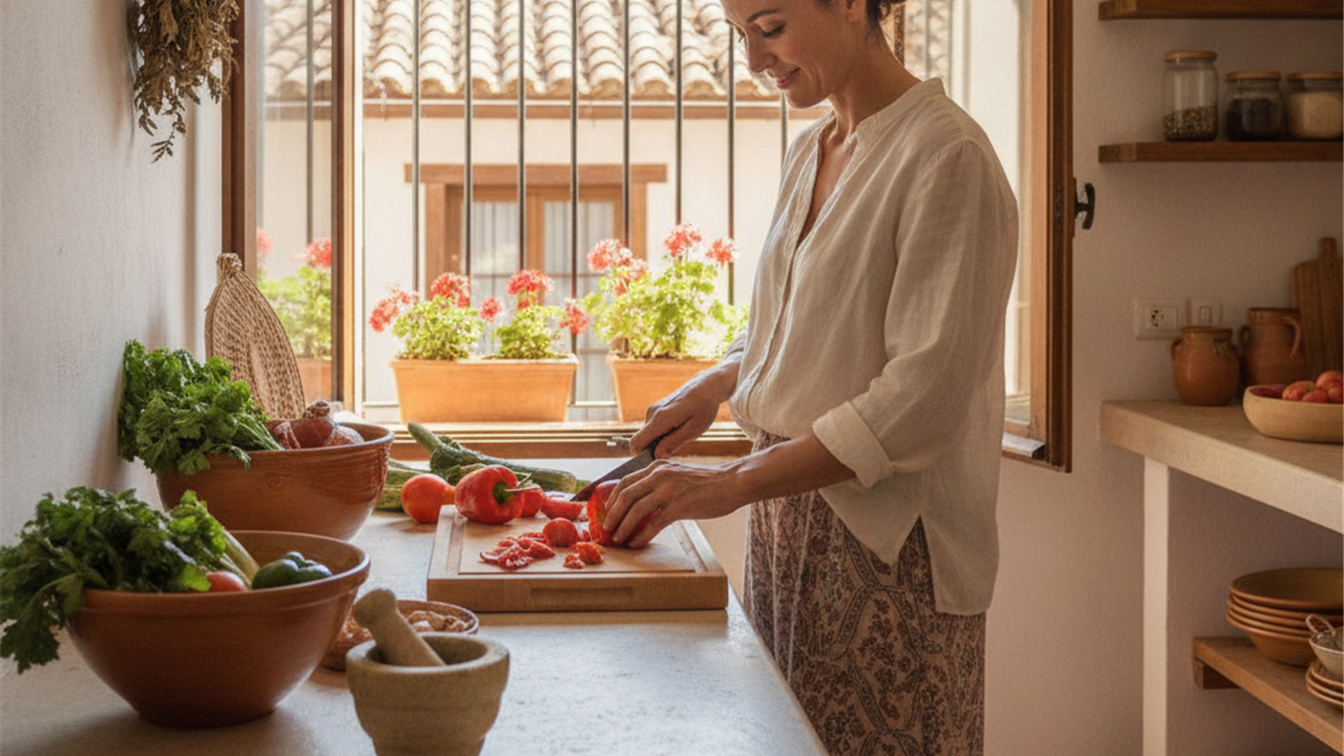 mujer preparando comida saludable para evitar acidez estomacal