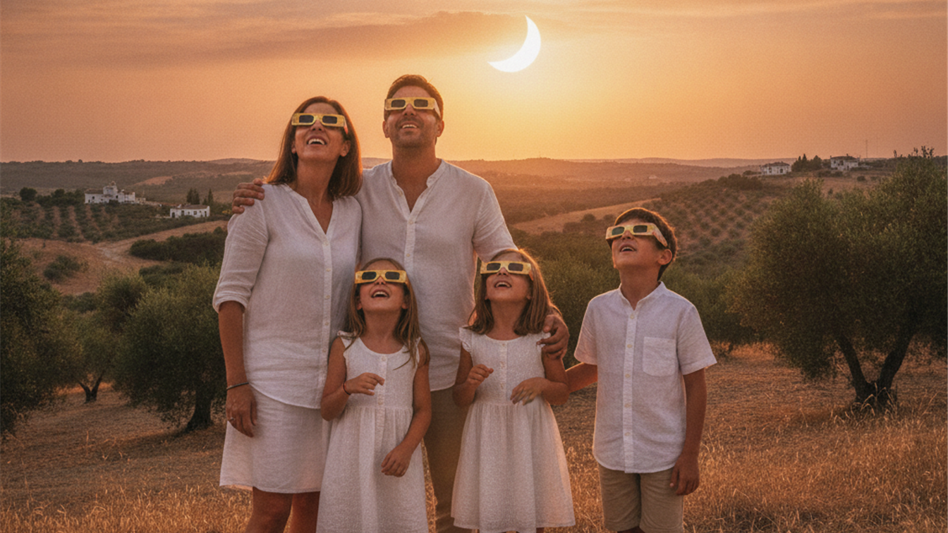 Familia observando el eclipse solar con gafas homologadas