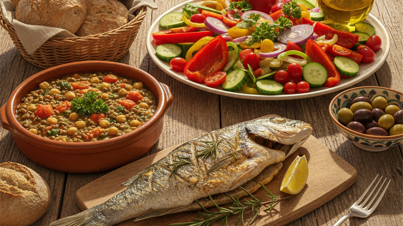 Plato de comida mediterranea saludable con legumbres y pescado