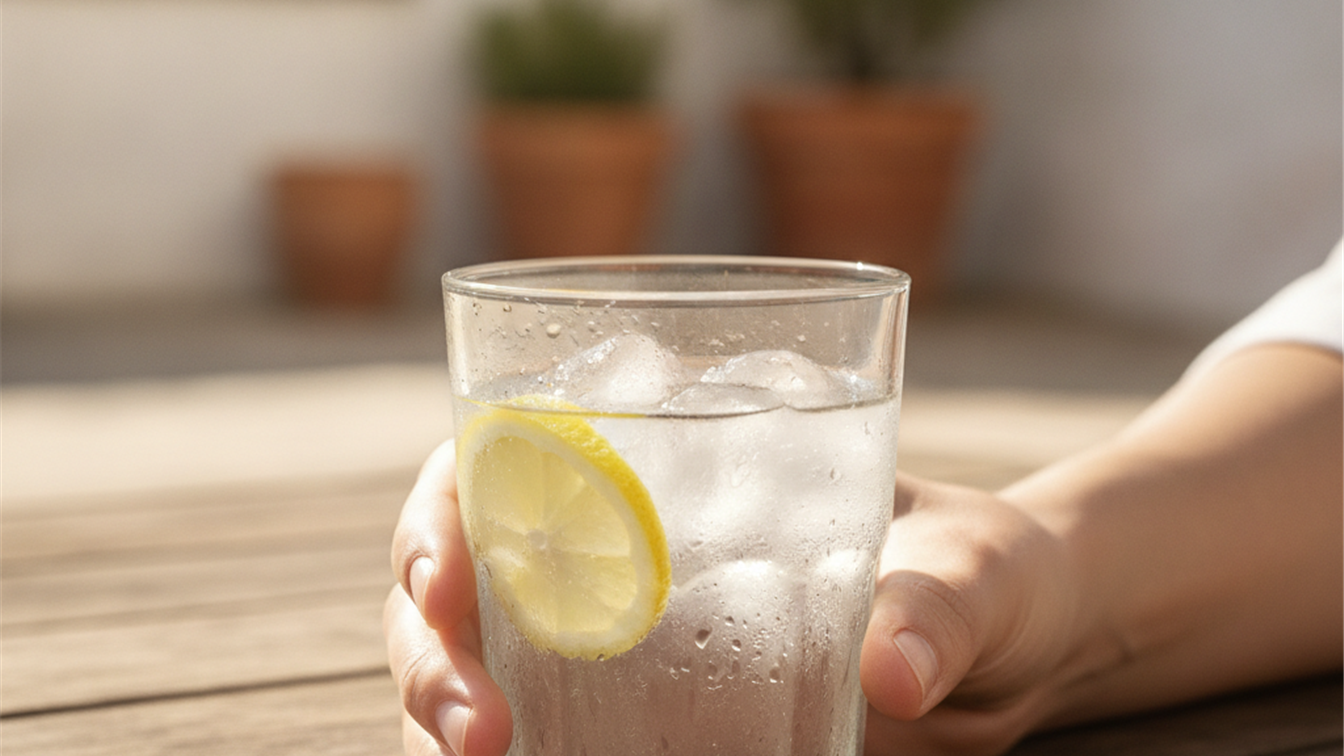 manos sosteniendo vaso de agua fria con hielo y limon