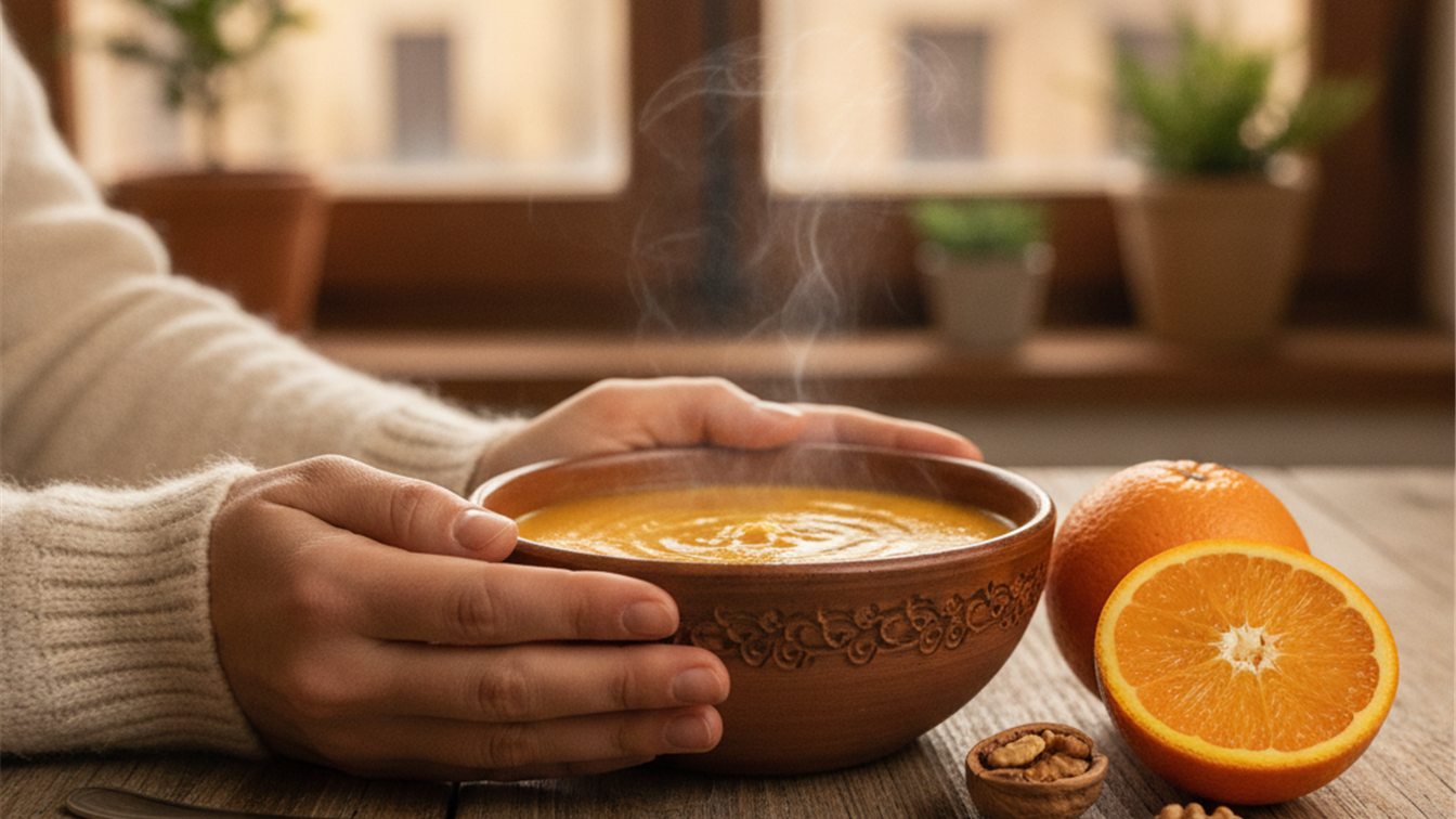 alimentos para las defensas manos sosteniendo crema de calabaza y zanahoria