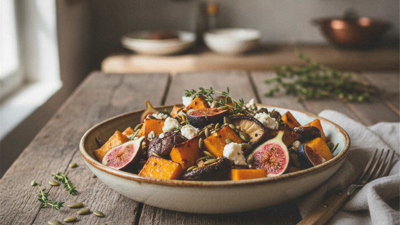 plato saludable con higos calabaza y setas de temporada