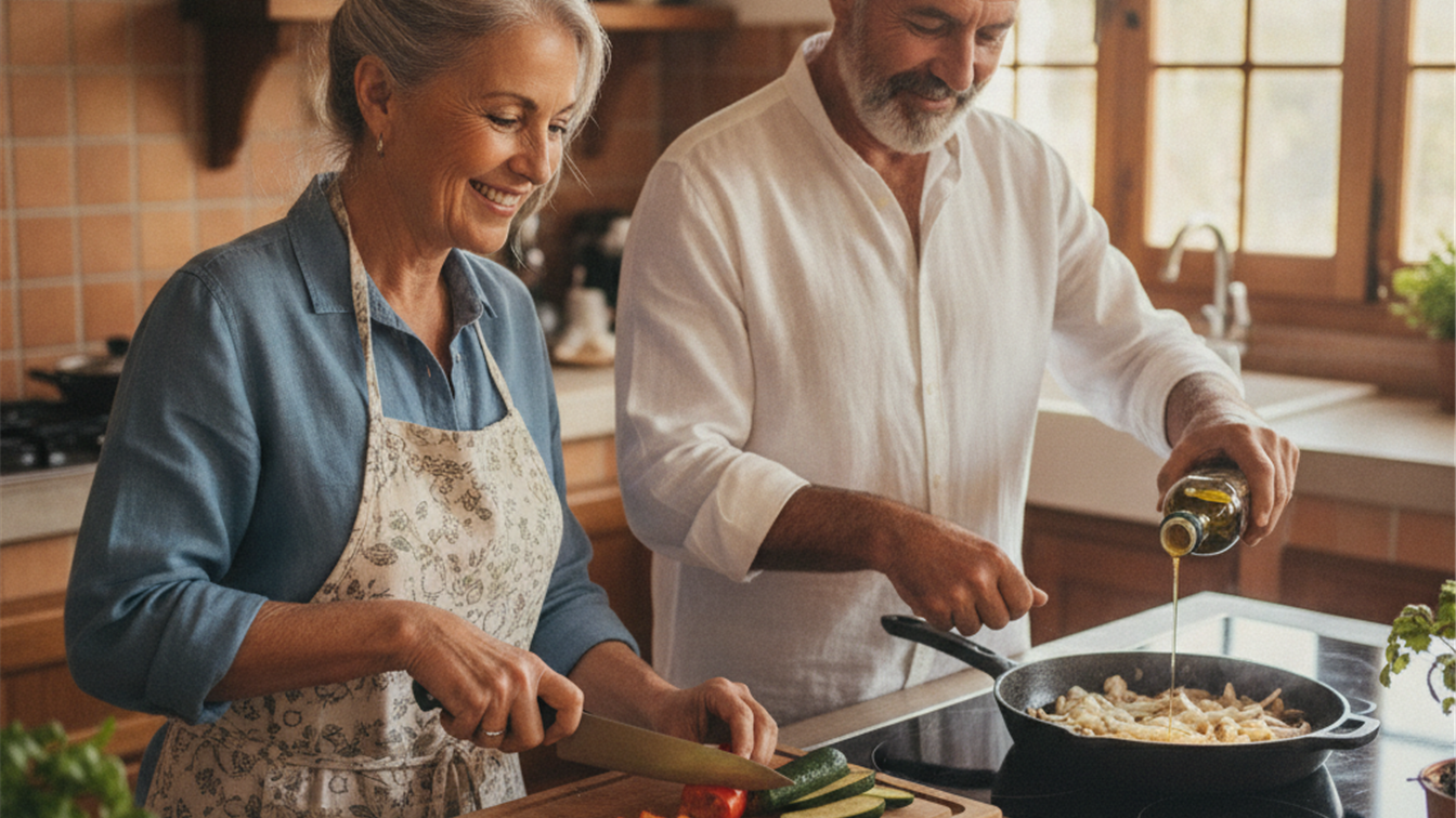 dieta mediterranea corazon pareja cocinando verduras con aceite de oliva