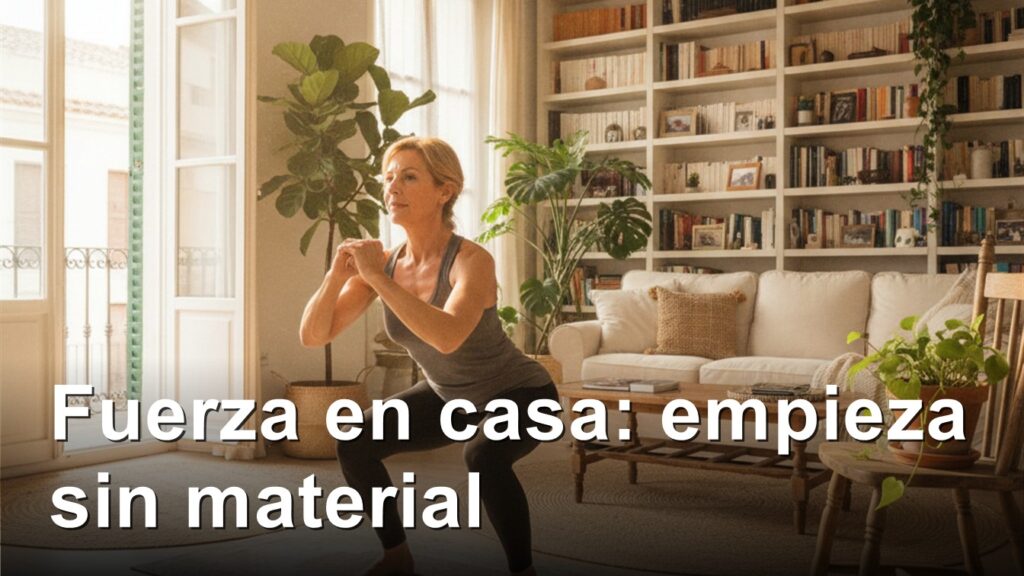 ejercicios de fuerza en casa mujer haciendo sentadilla en el salon