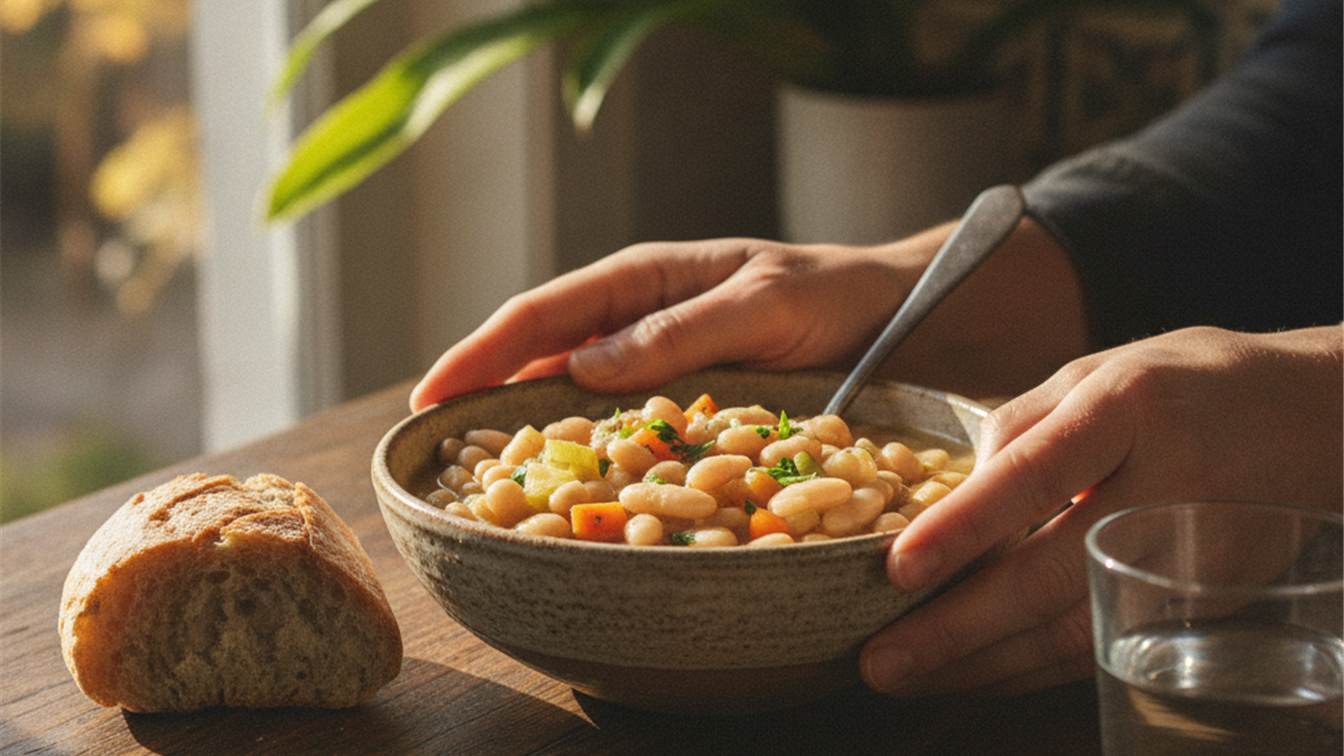 guisos de legumbres manos con plato de alubias blancas y verduras