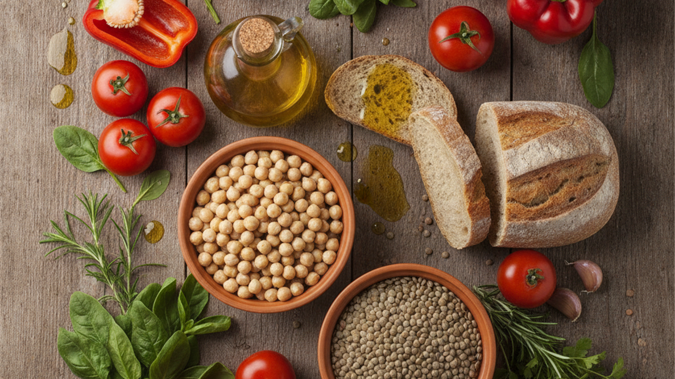 Alimentación mediterránea saludable con frutas y verduras frescas — nutrición septiembre 2026