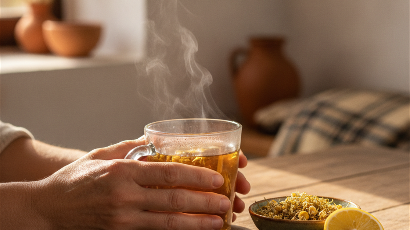 infusiones saludables taza de manzanilla con canela y limon