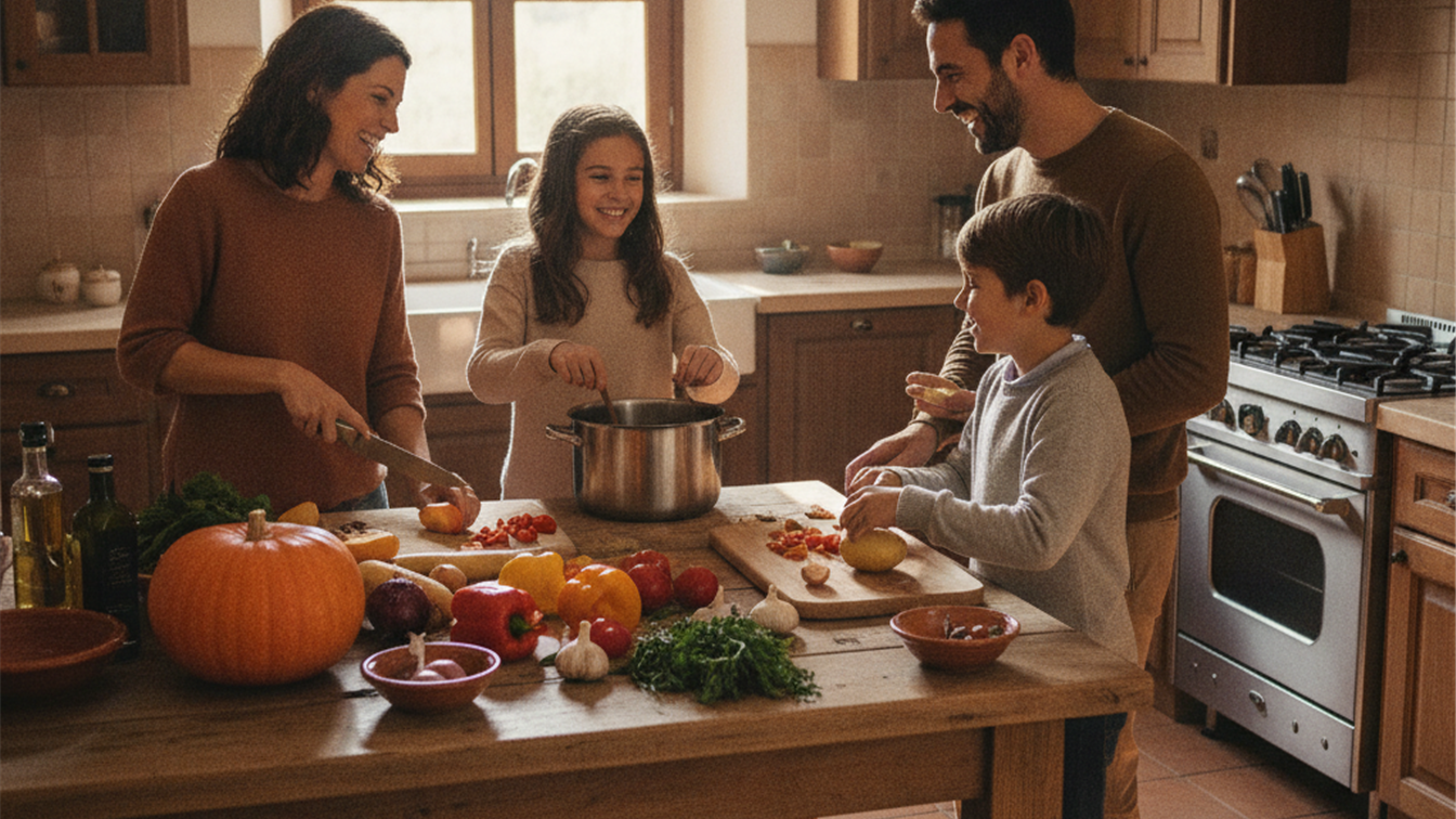 Familia preparando comida saludable en cocina espanola