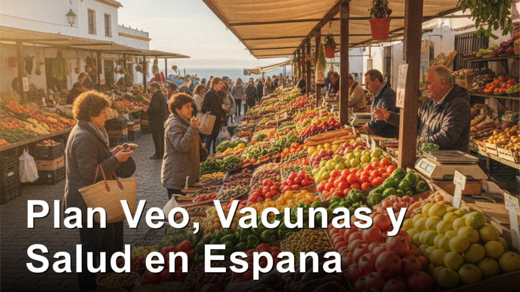 Mercado mediterraneo con frutas y verduras frescas, salud en Espana