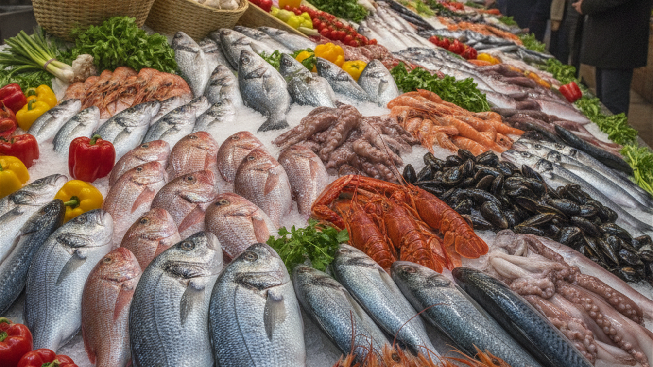 Mercado de pescado fresco dieta mediterránea España