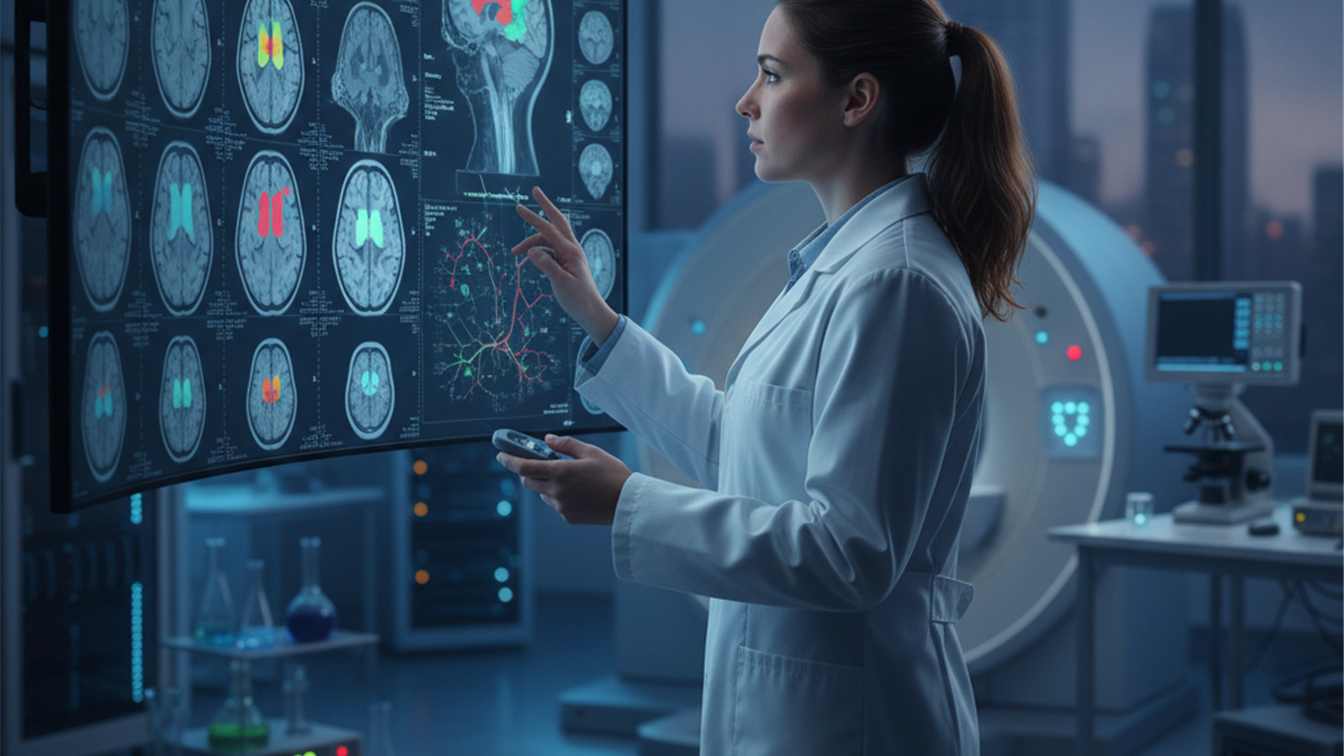 Investigador laboratorio neurociencia analizando resonancia magnetica cerebro