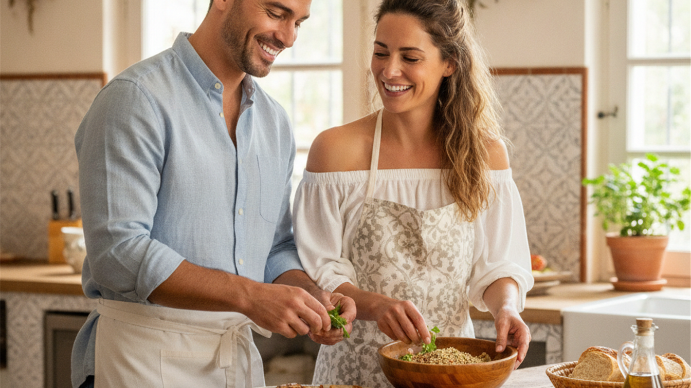 pareja preparando una comida saludable rica en proteina