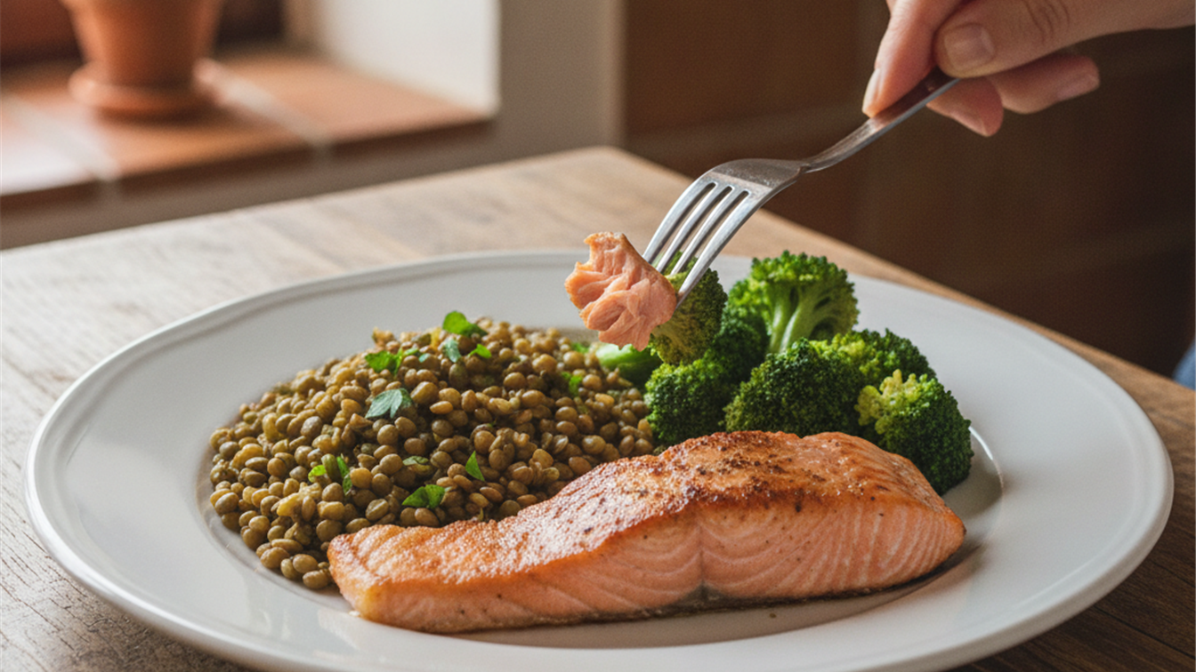 plato de salmon con lentejas y brocoli rico en proteina
