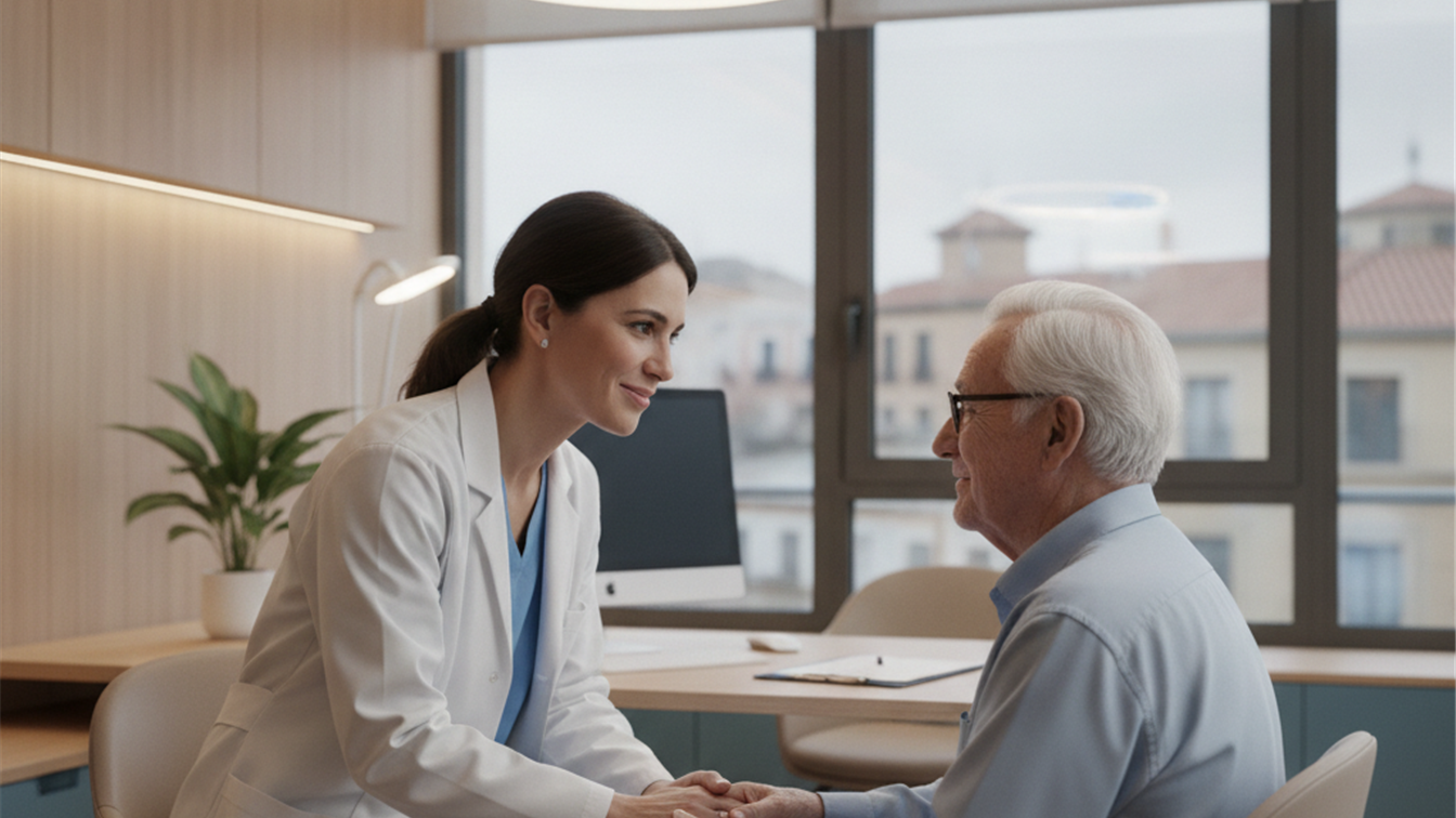 Médico consultando con paciente en hospital español