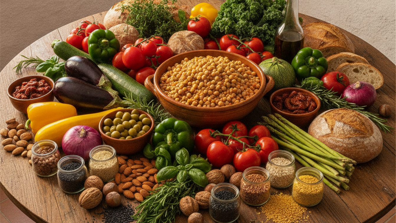 Alimentos saludables mediterráneos variados sobre mesa de madera