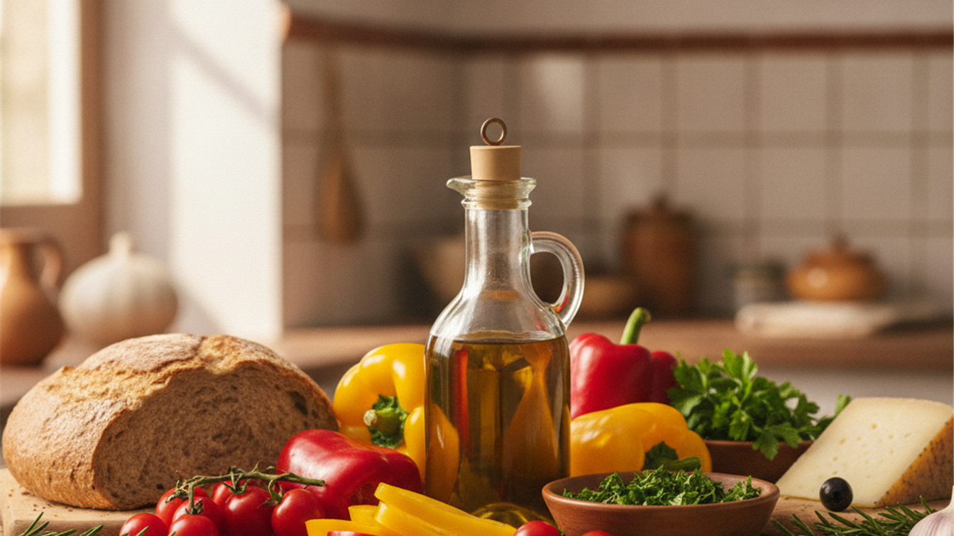Alimentos mediterraneos frescos en cocina espanola