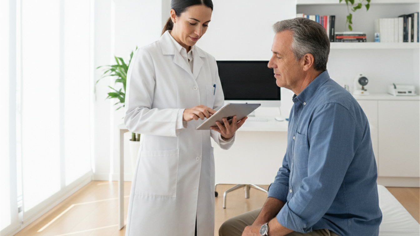 Medico en consulta con paciente en clinica espanola