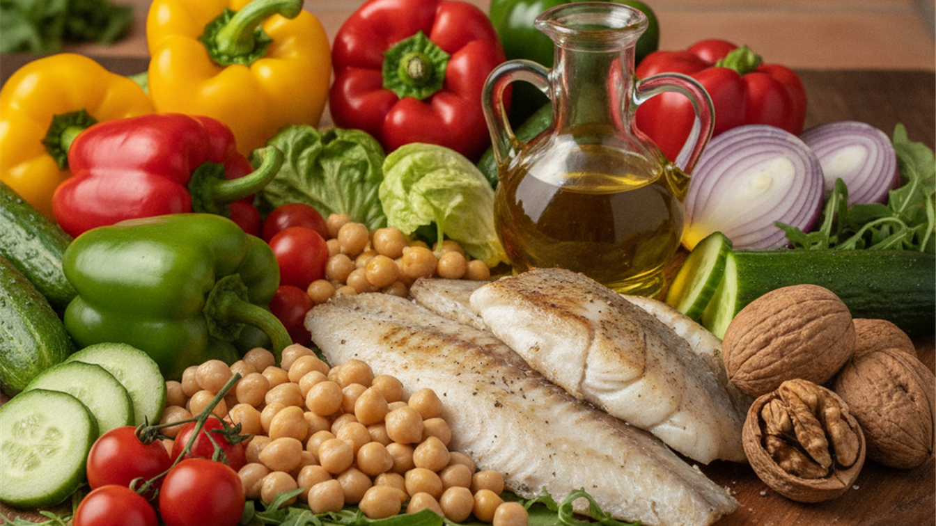Alimentos de la dieta mediterranea: legumbres, pescado, frutos secos y aceite de oliva