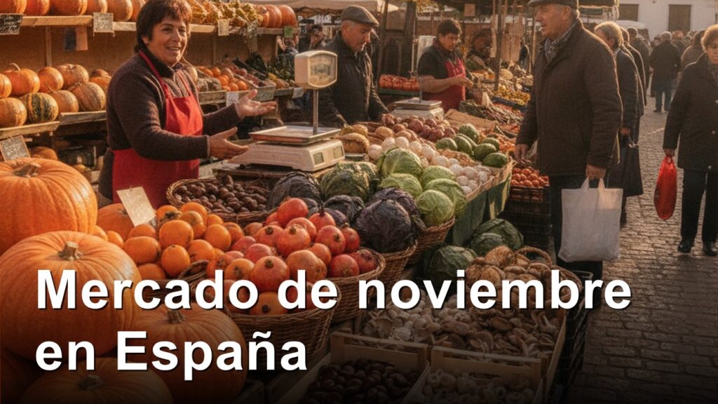 alimentos de temporada noviembre mercado espanol con calabazas y granadas