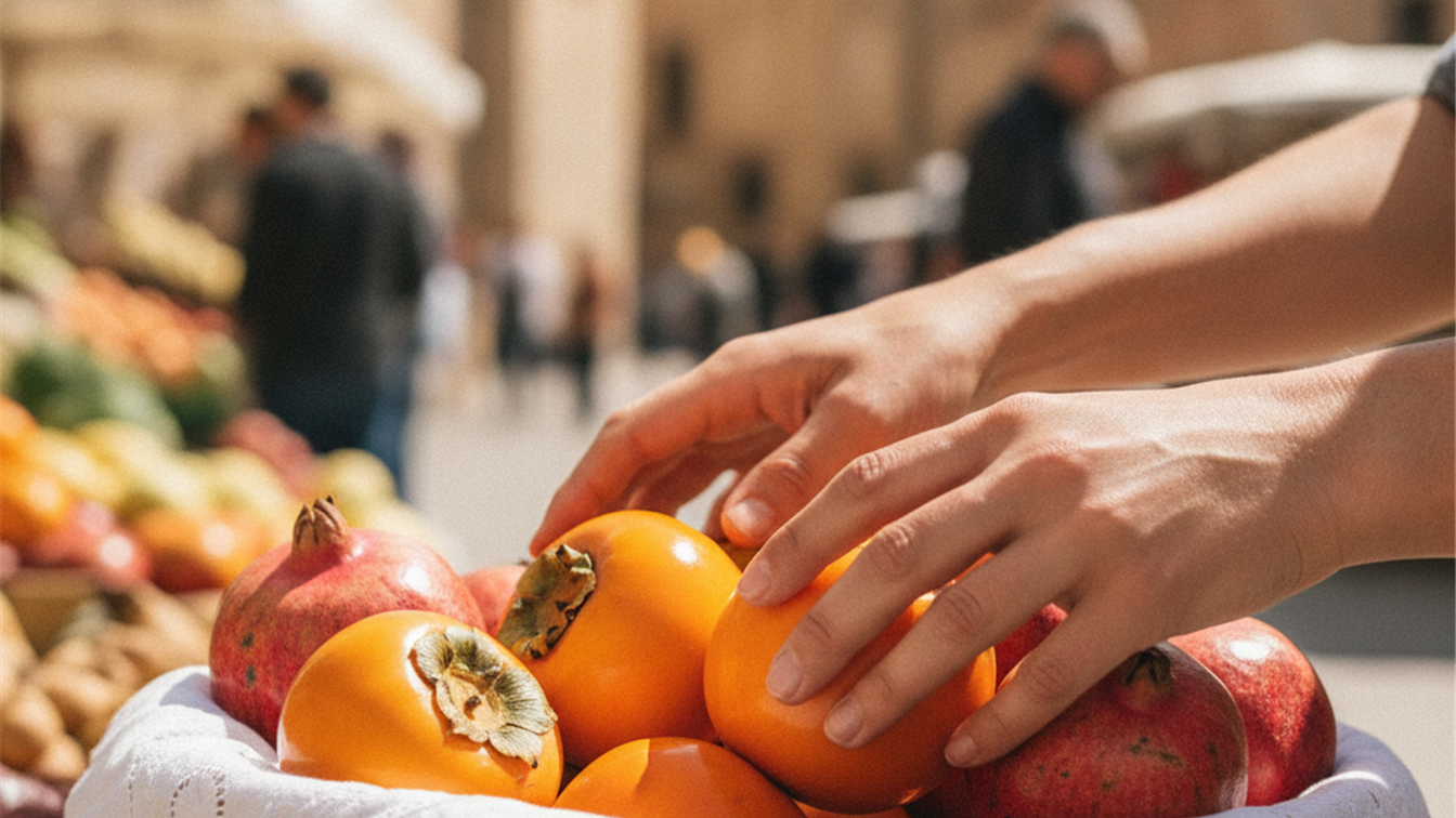 alimentos de temporada noviembre manos eligiendo caquis y granadas