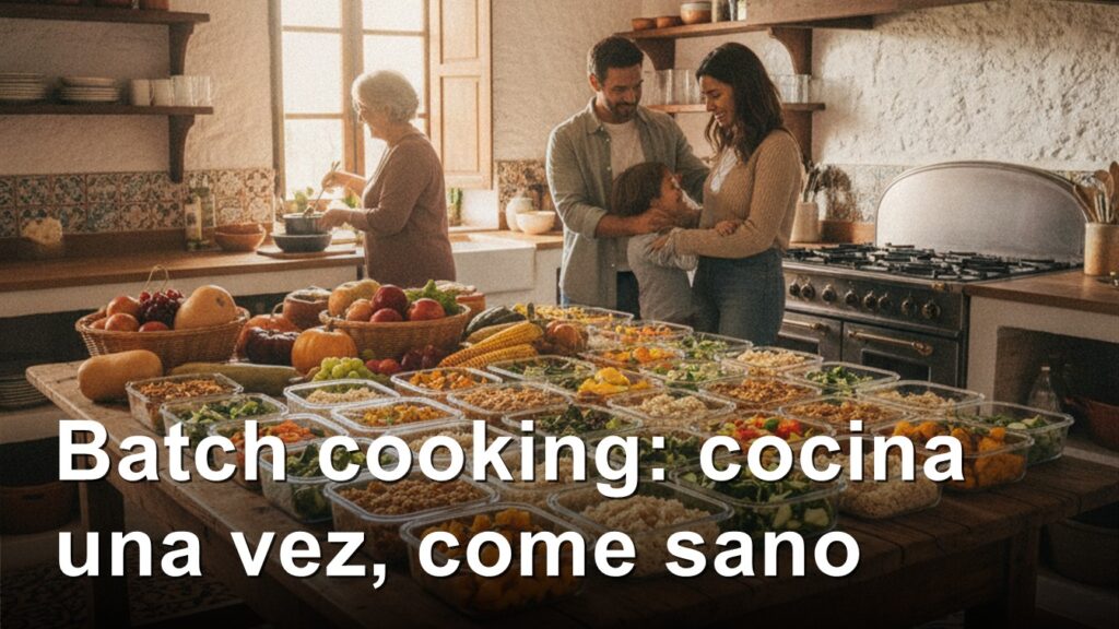 batch cooking otono mesa de cocina con tuppers de comida saludable preparada