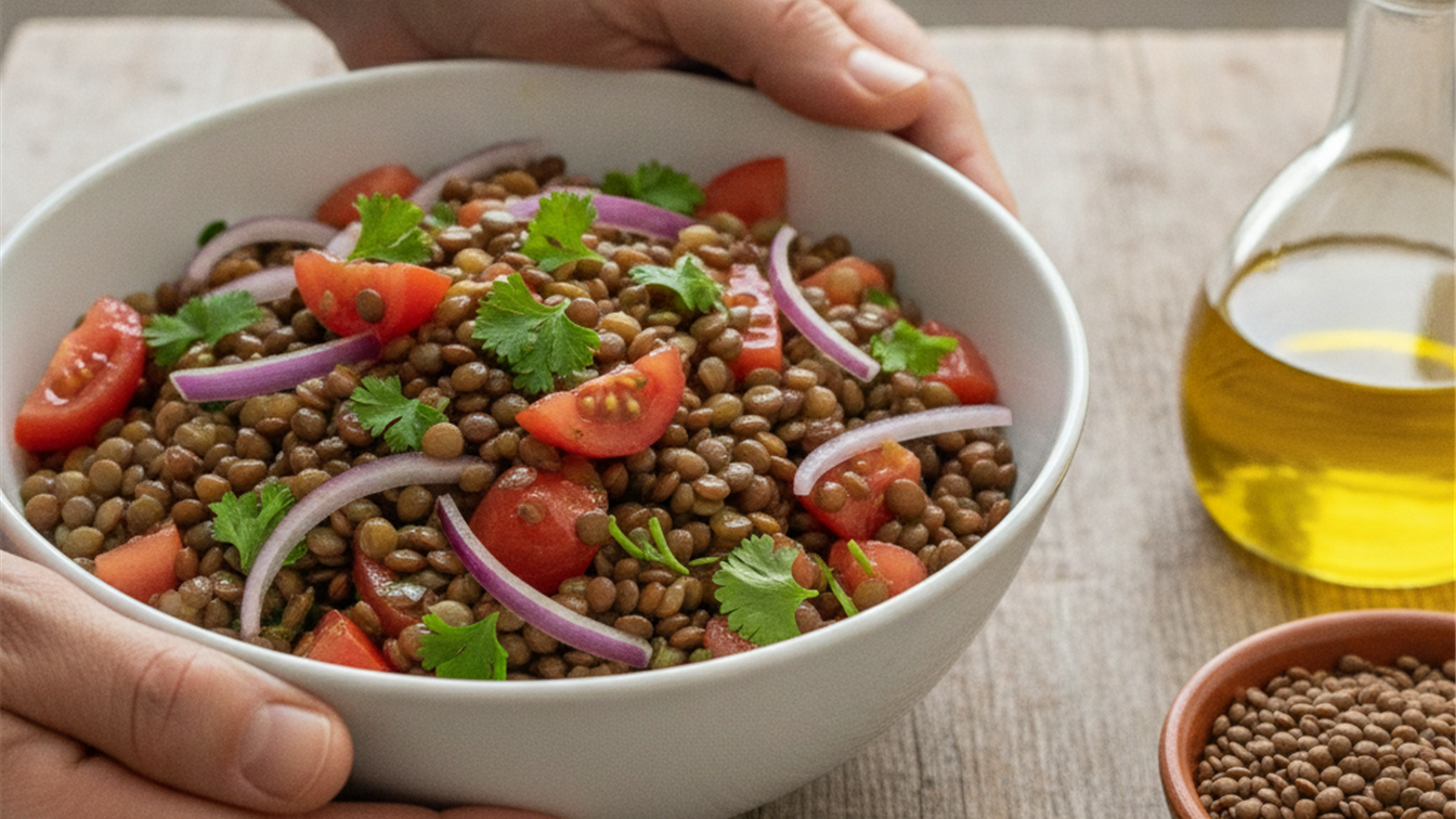 lentejas saludables ensalada con tomate y cebolla