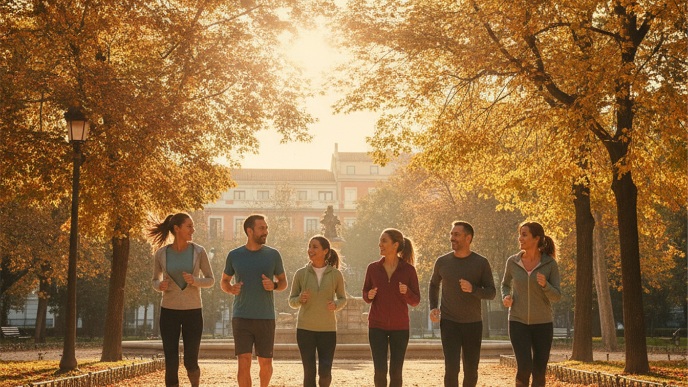 Grupo de adultos corriendo en un parque de Madrid en otoño