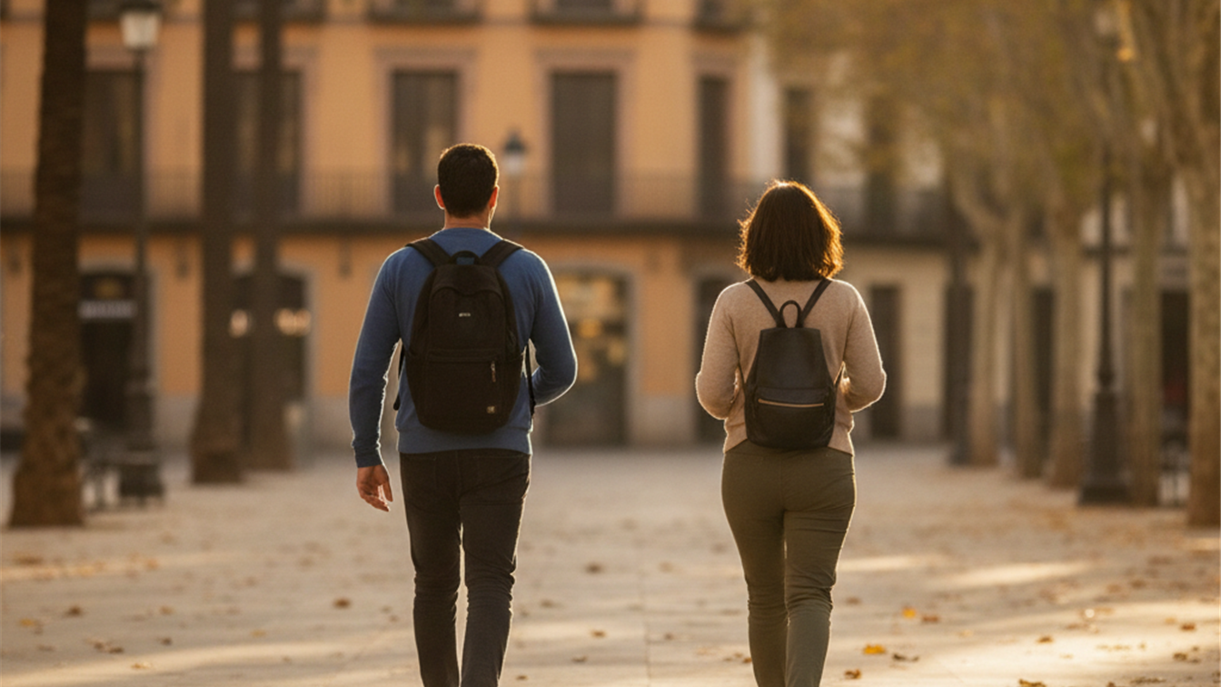 Pareja paseando por una ciudad española en otoño