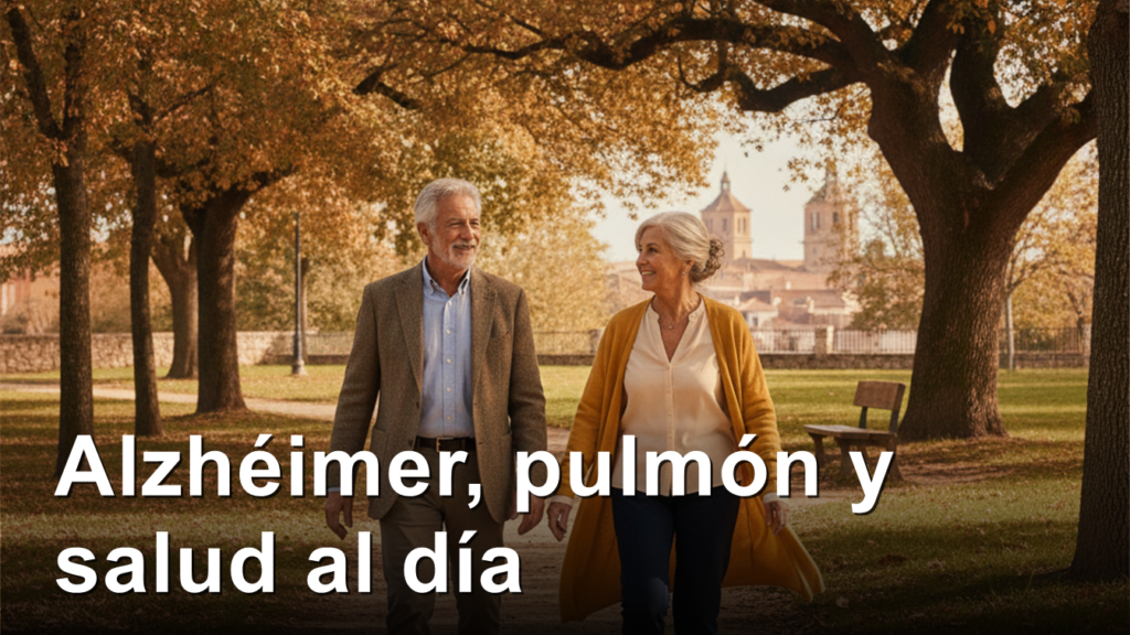 Pareja de mayores paseando por un parque en otono
