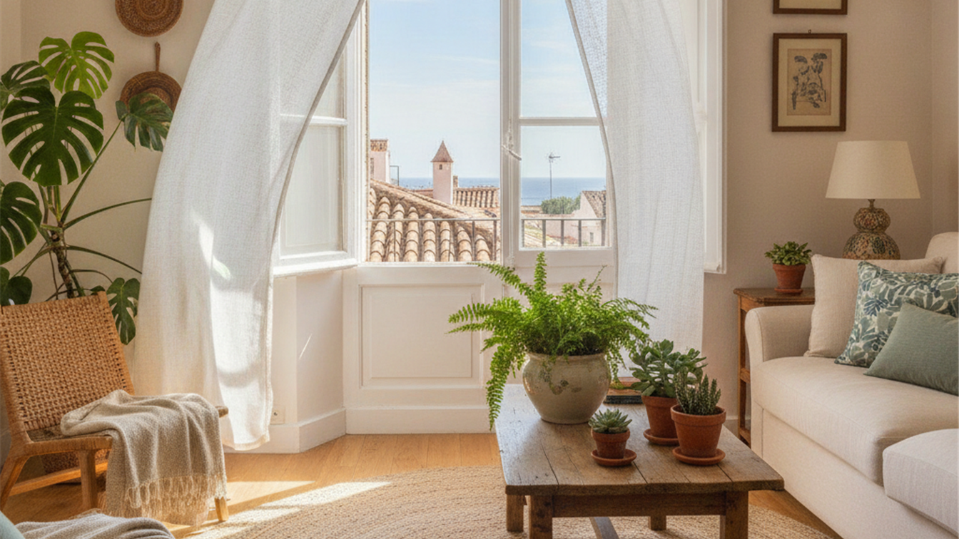 Salon luminoso con la ventana abierta y plantas
