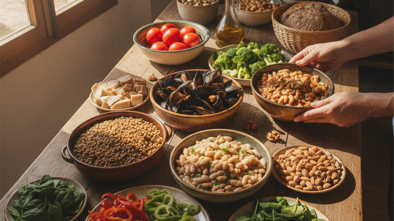 Mesa con legumbres, mejillones, verduras y frutos secos ricos en hierro