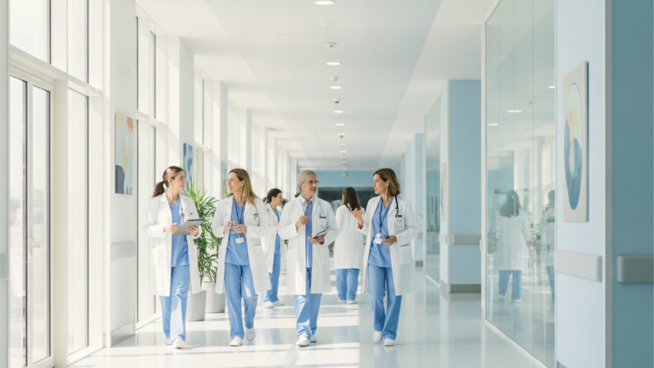 Profesionales sanitarios caminando por el pasillo de un hospital en Espana
