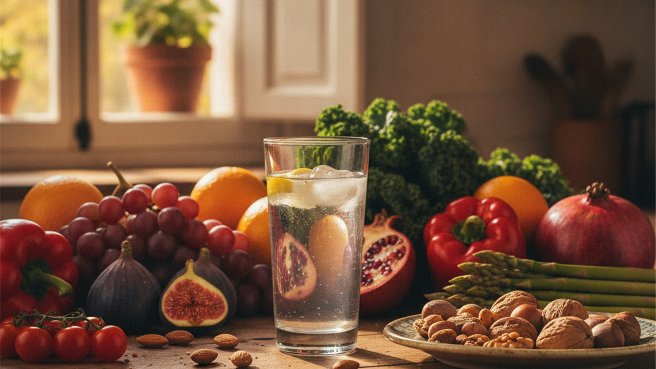 Frutas, verduras, frutos secos y un vaso de agua sobre una mesa de cocina