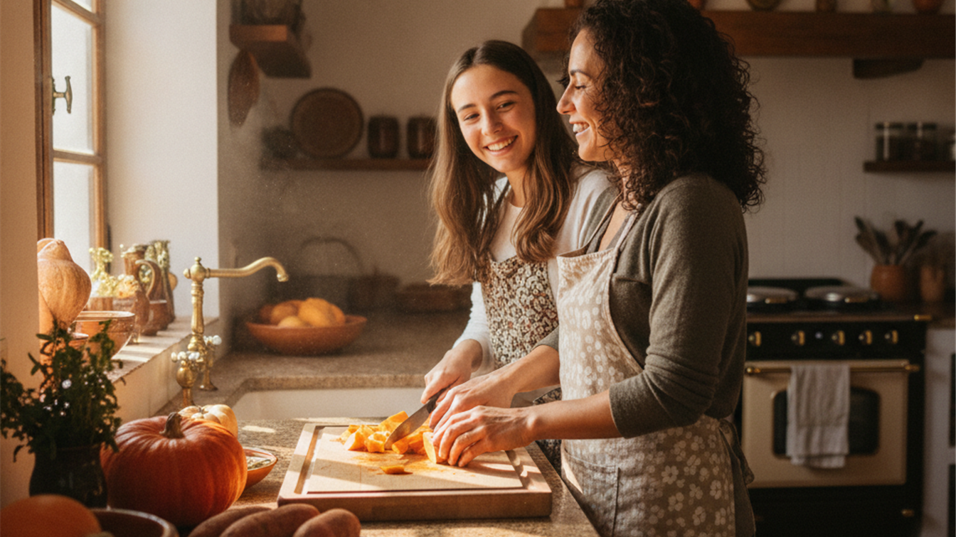 Madre e hija cocinando recetas de calabaza y boniato