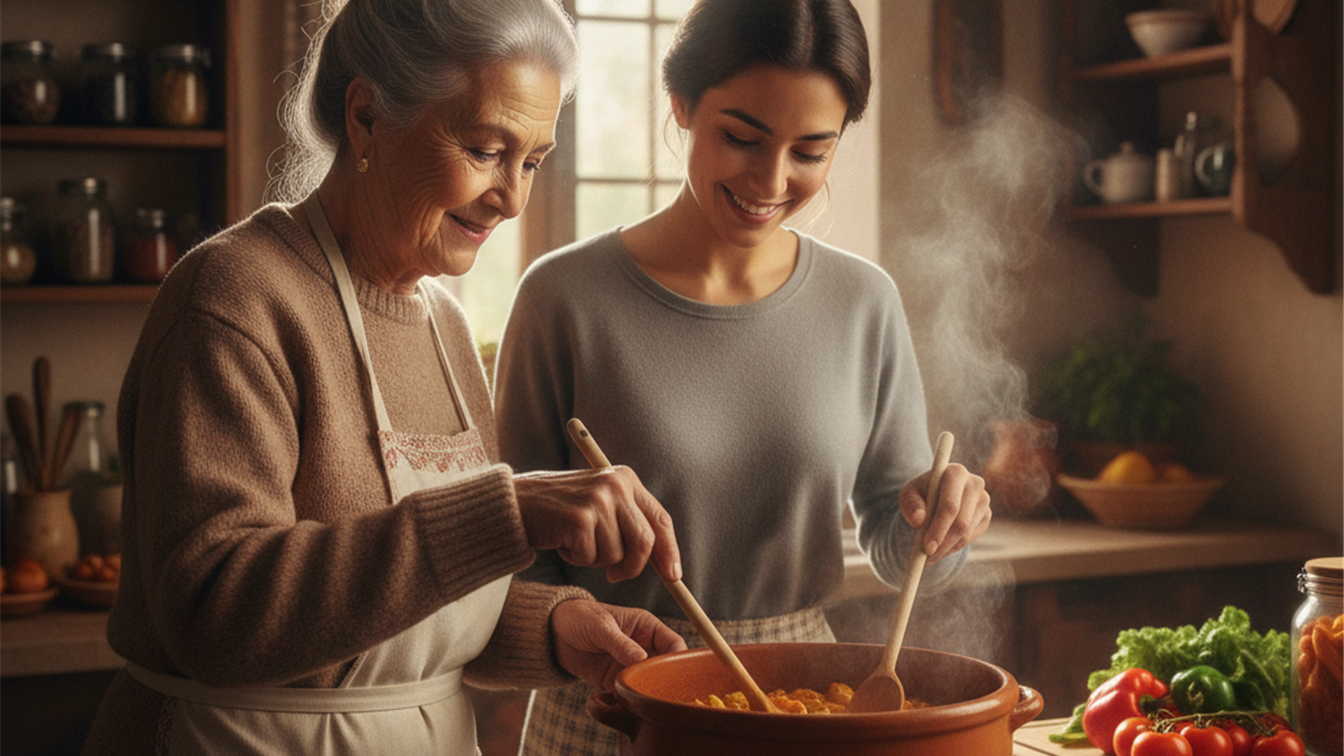 abuela y nieta cocinando sopas caldos caseros